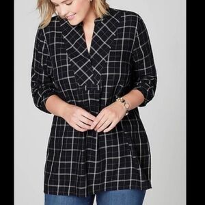 J Jill 100% cotton windowpane plaid long sleeve tunic popover medium white black